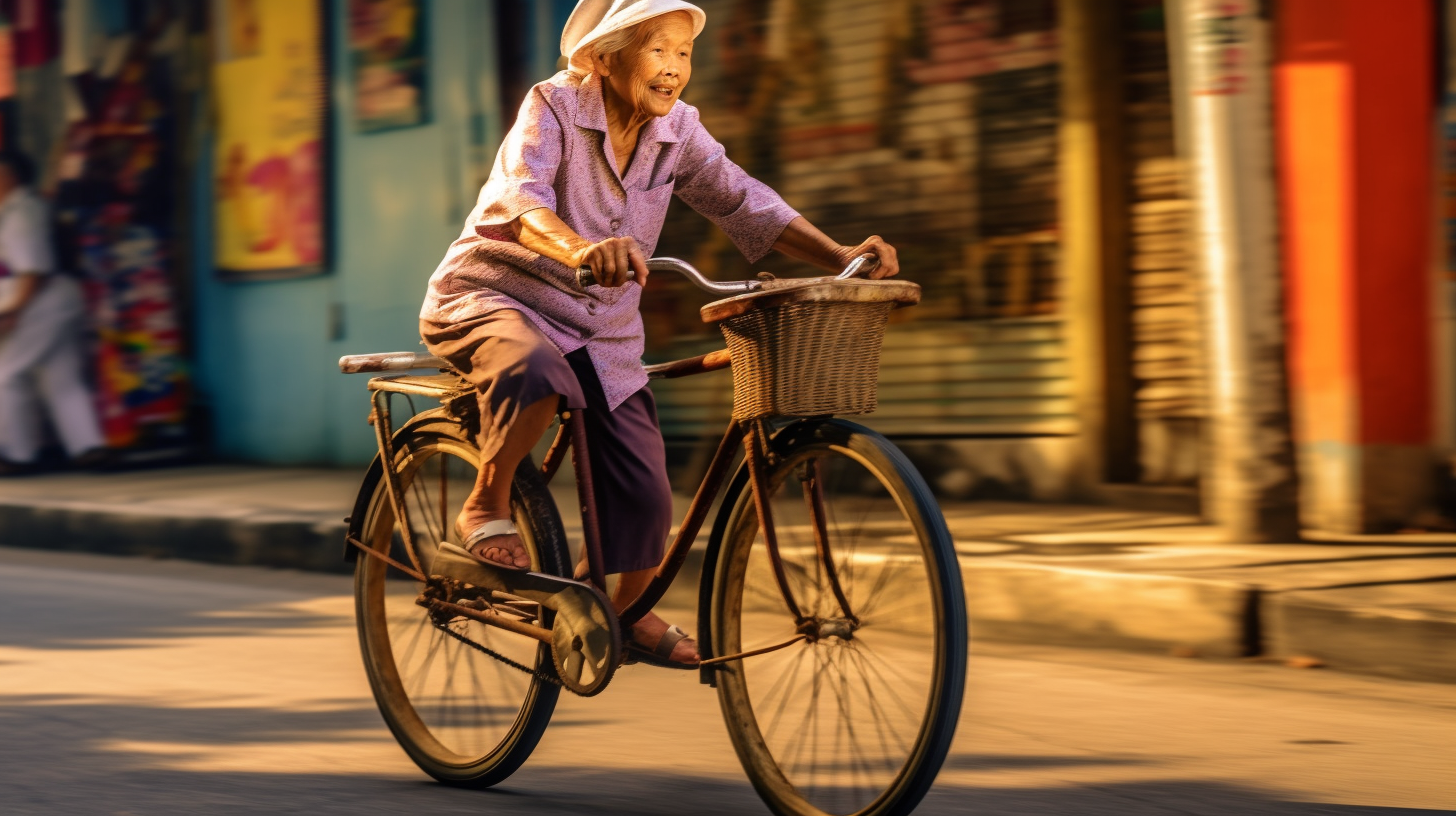 Elderly Woman on Bicycle in the City