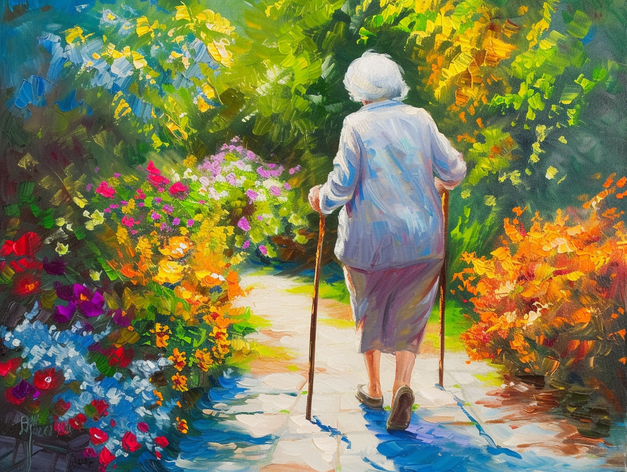 Elderly Woman Walking in Flowery Garden