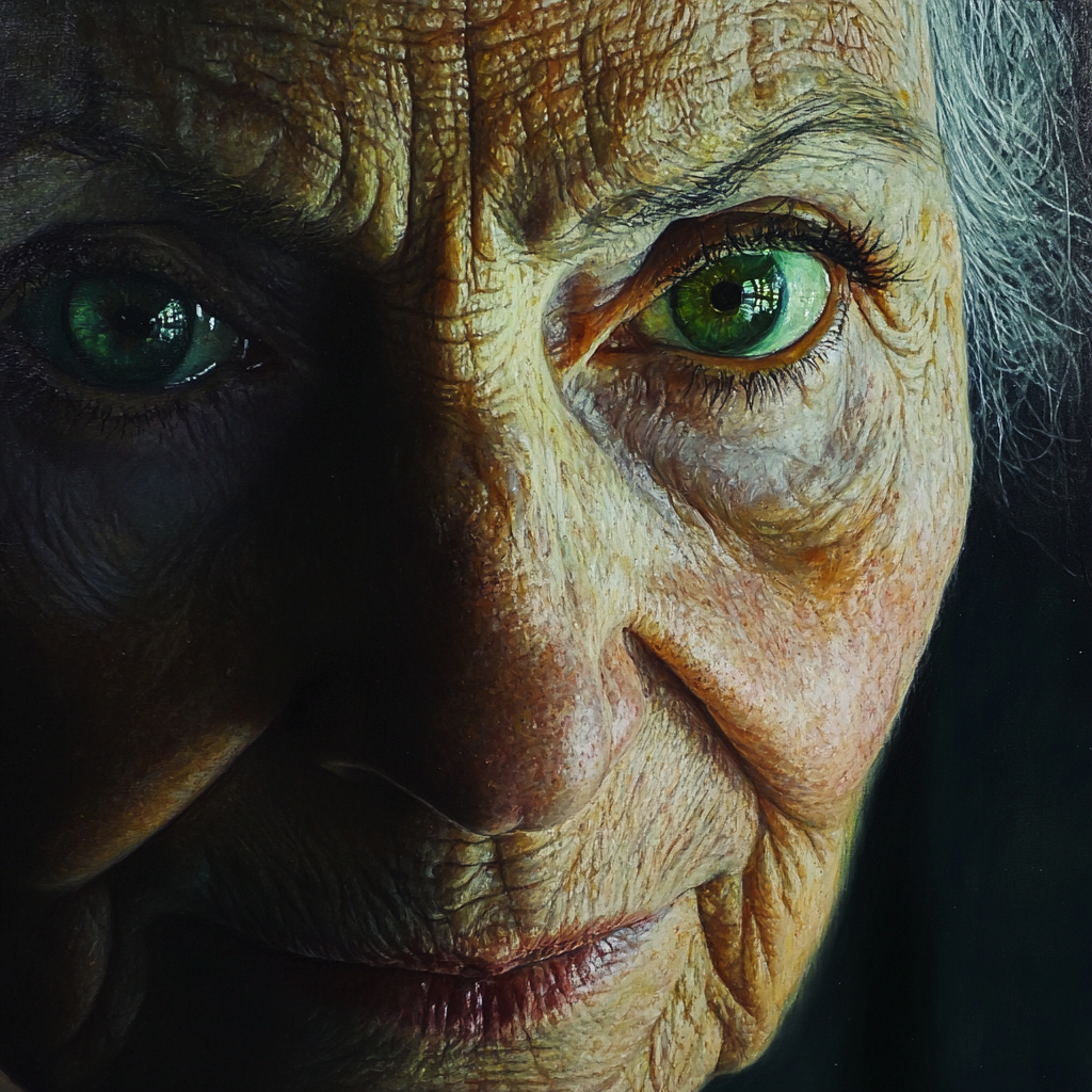 Elderly woman watching green monitor