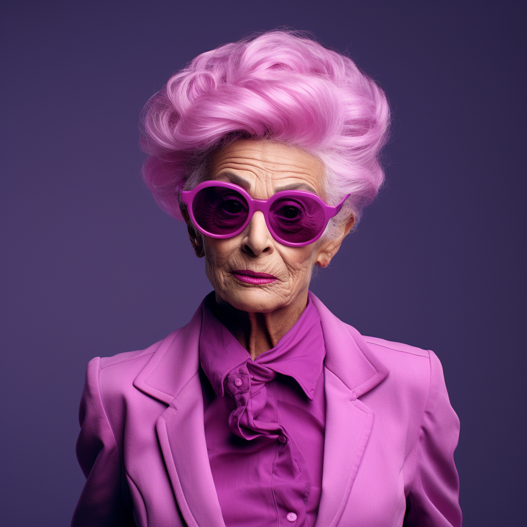 Elderly woman with vibrant pink hair on deep violet background