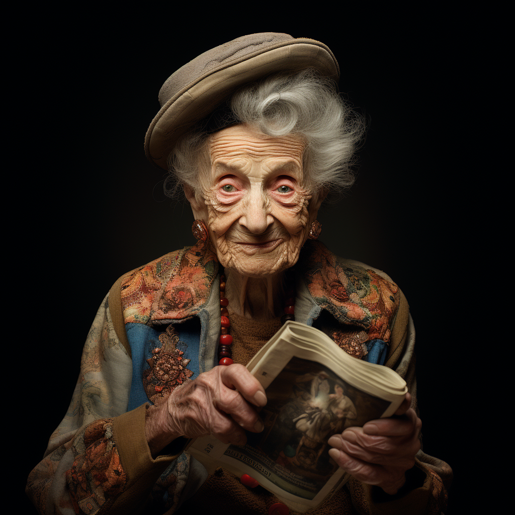 Elderly woman with Rolling Stone magazine in museum