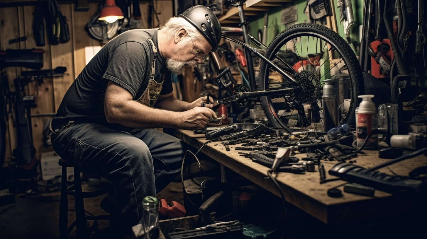 Skilled mechanic repairing electric bicycle in workshop