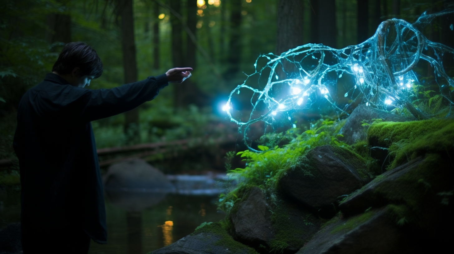 Man holding a bioluminescent creature in a dark forest