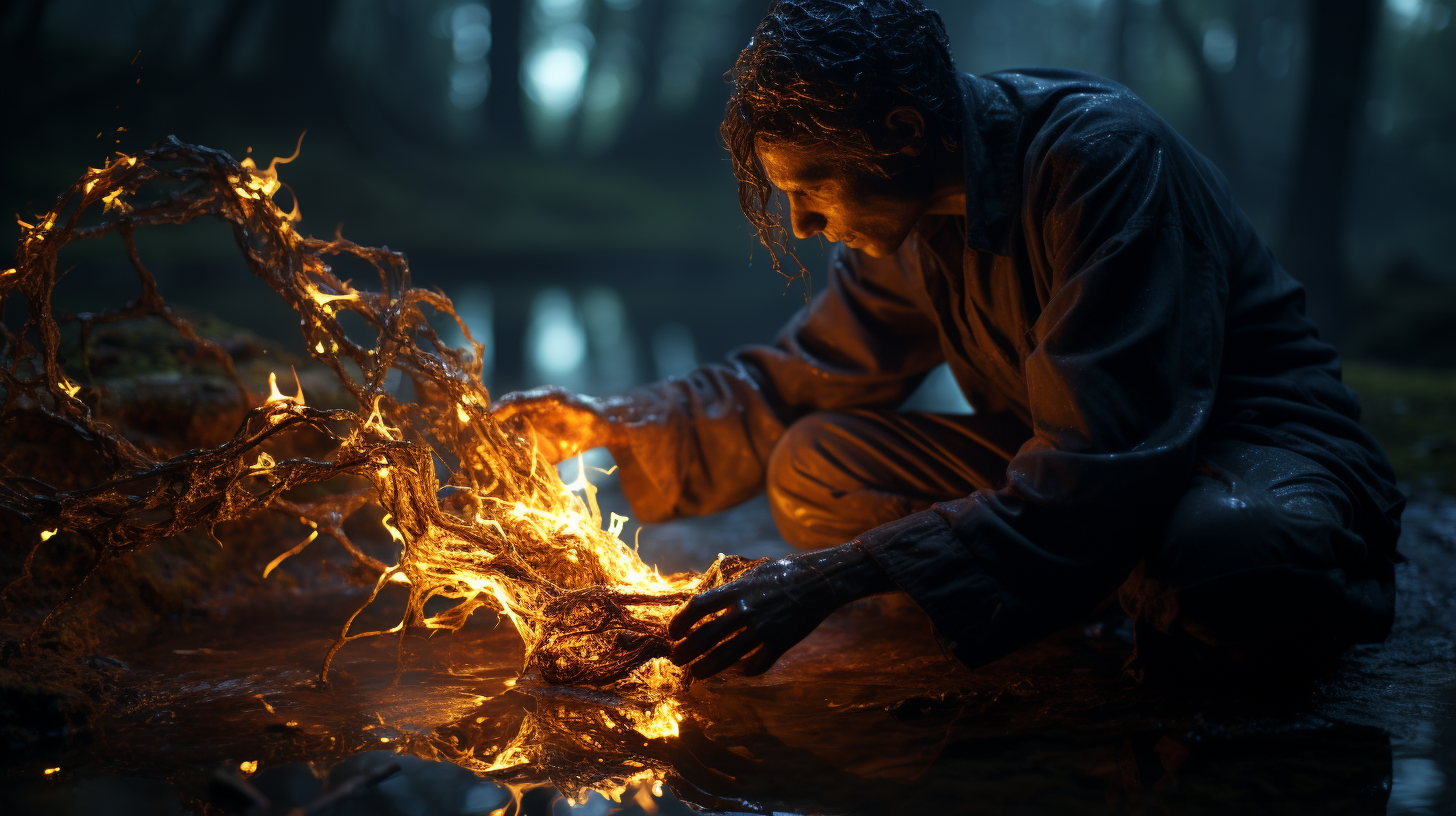 Man holding a bioluminescent creature in a dark forest