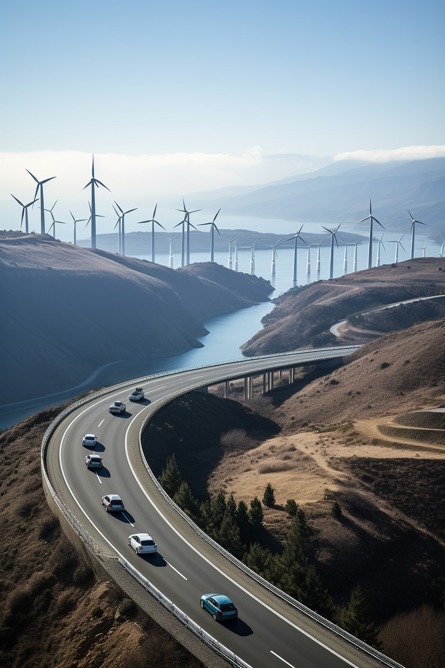 View of Electric Cars and Wind Turbines