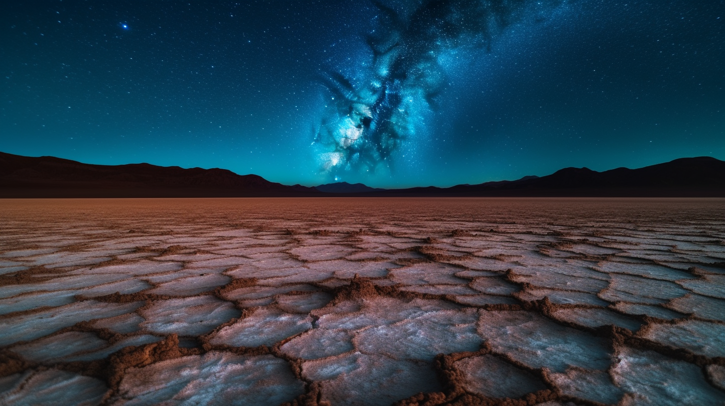 Cracked earth in electric Nevada desert glowing blue