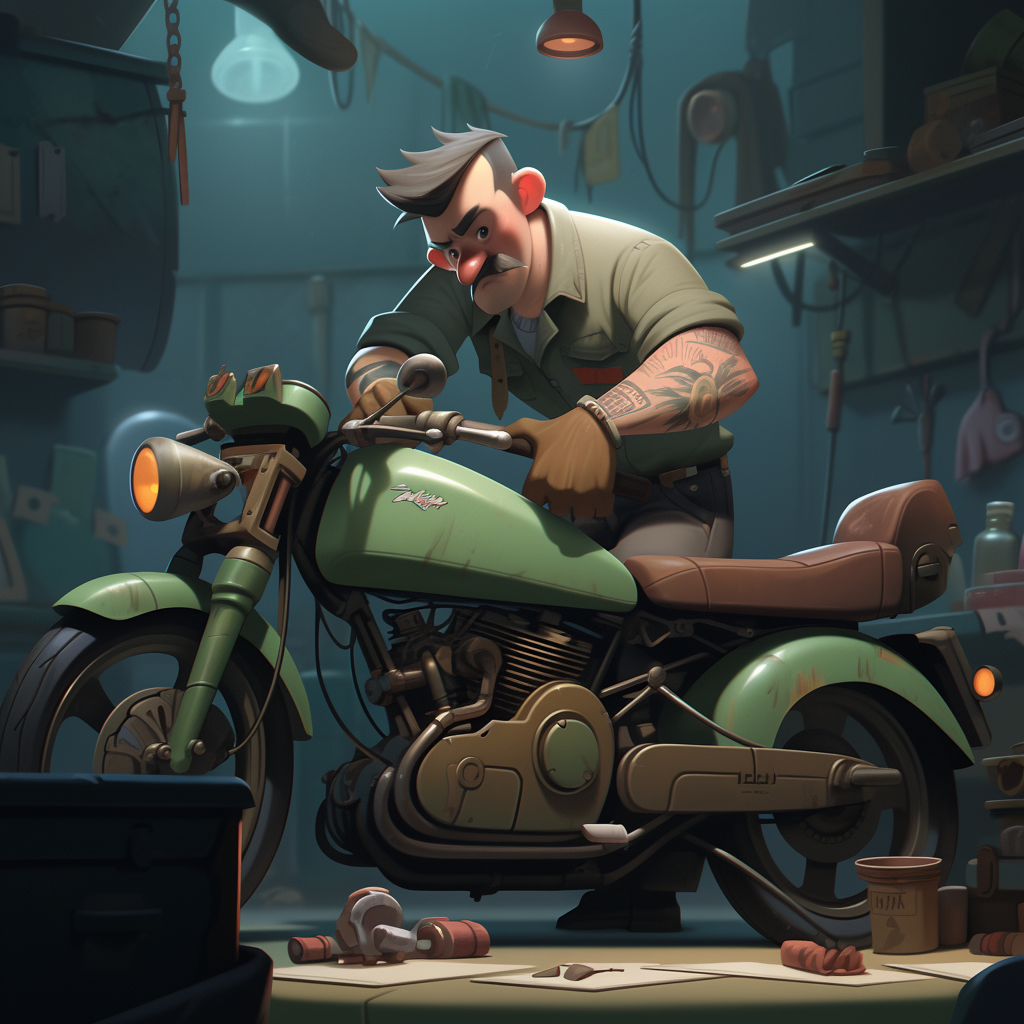 Skilled electric motorcycle technician with moustache and tattoos at work