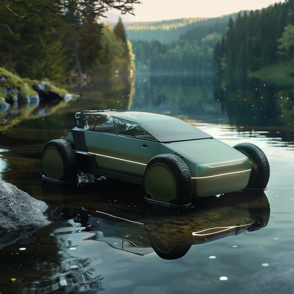 Electric coupe in green lake