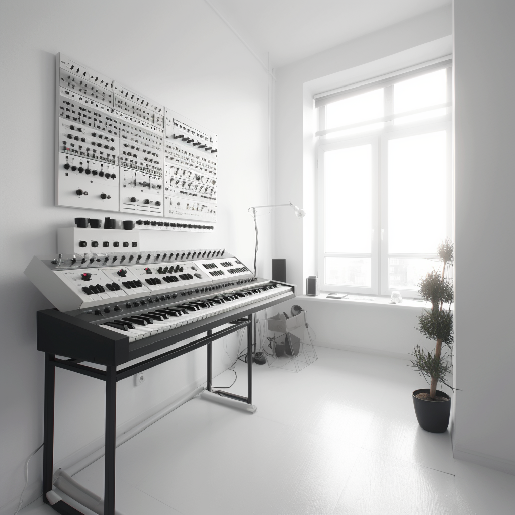 Minimalistic white room with electronic music studio synthesizer