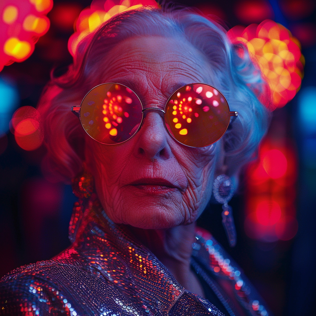 Old woman in neon glasses