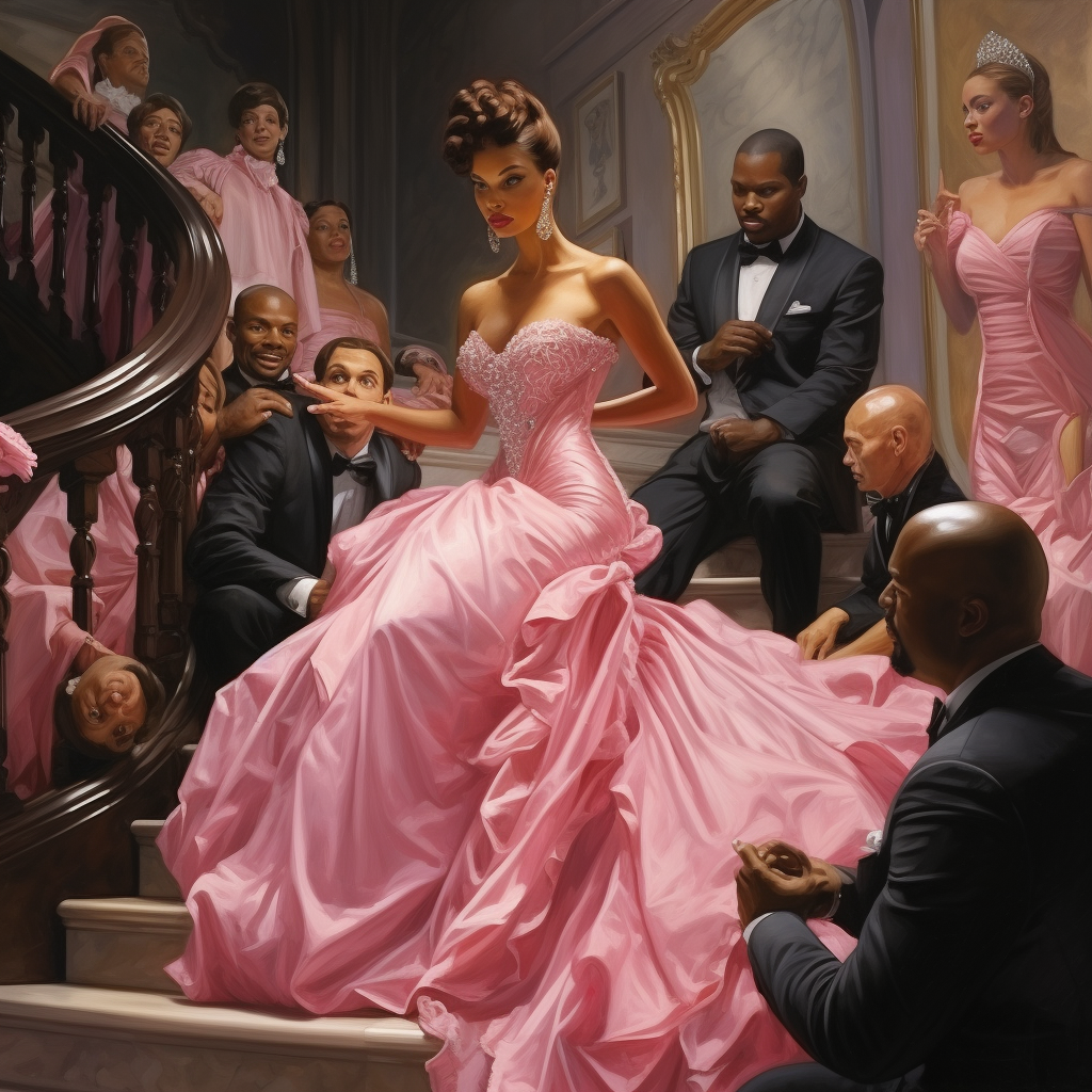 African American woman accepting gifts in pink gown