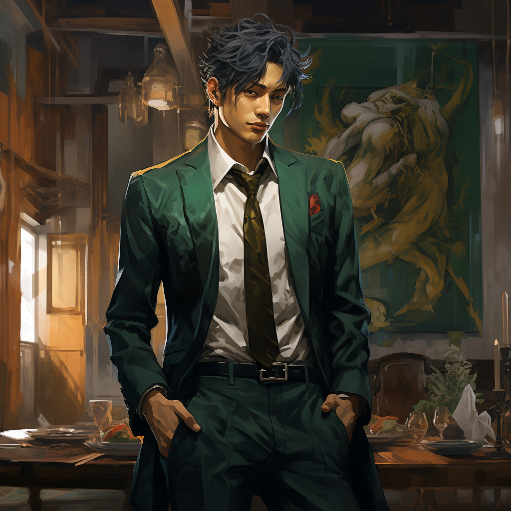 Elegant Asian man in dark green power suit