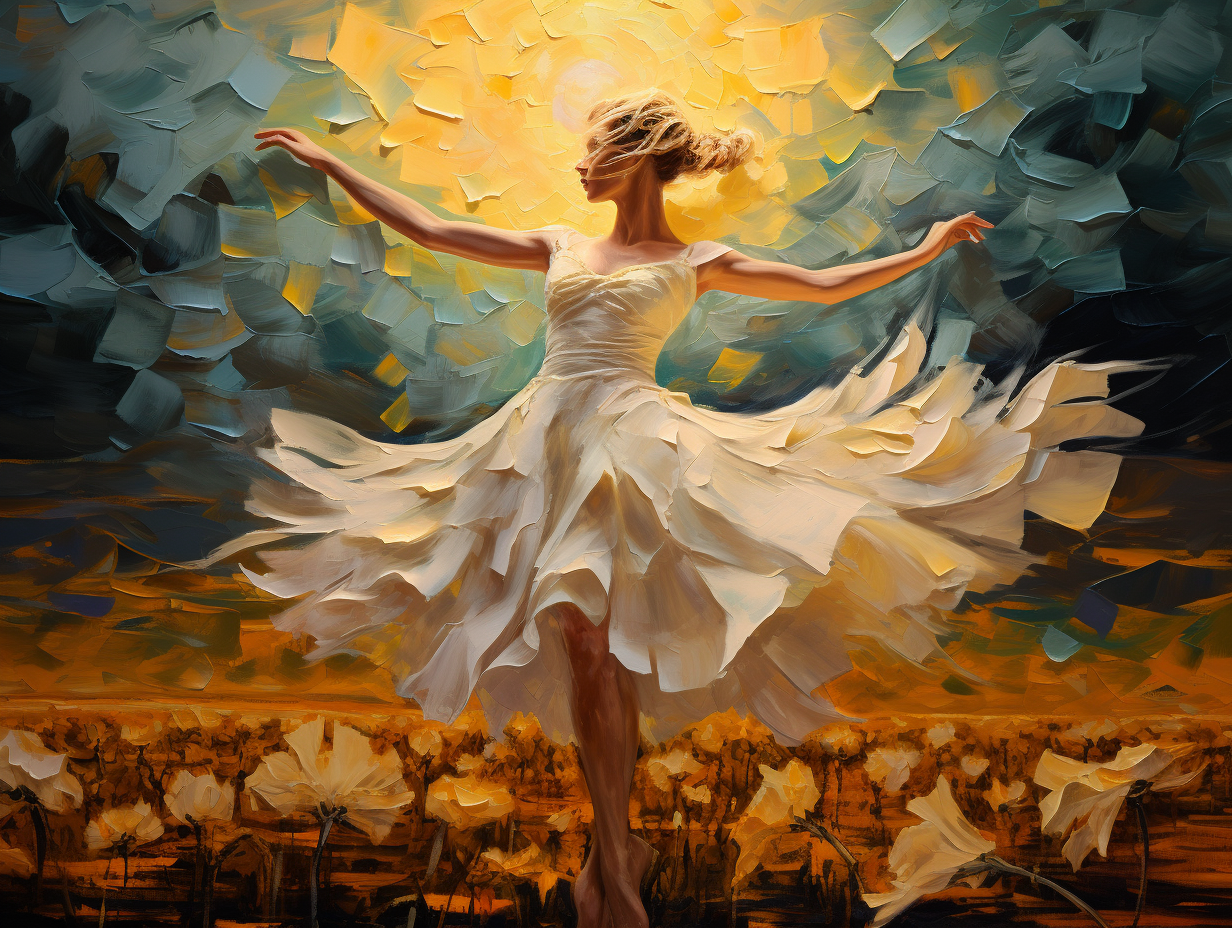 Beautiful ballet dancer in surreal sunflower field