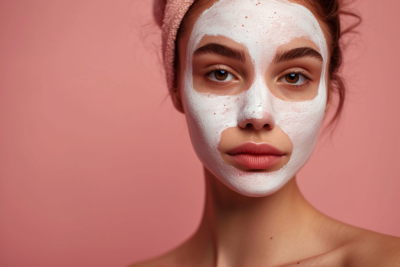 Woman with Cosmetic Mask on Light Pink Background