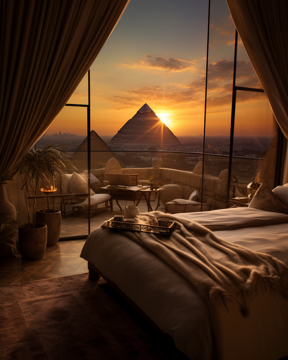 Luxurious bedroom interior with pyramid view