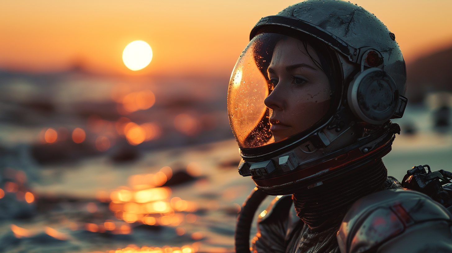 Black marble armored sci-fi astronaut on beach with red moon reflection