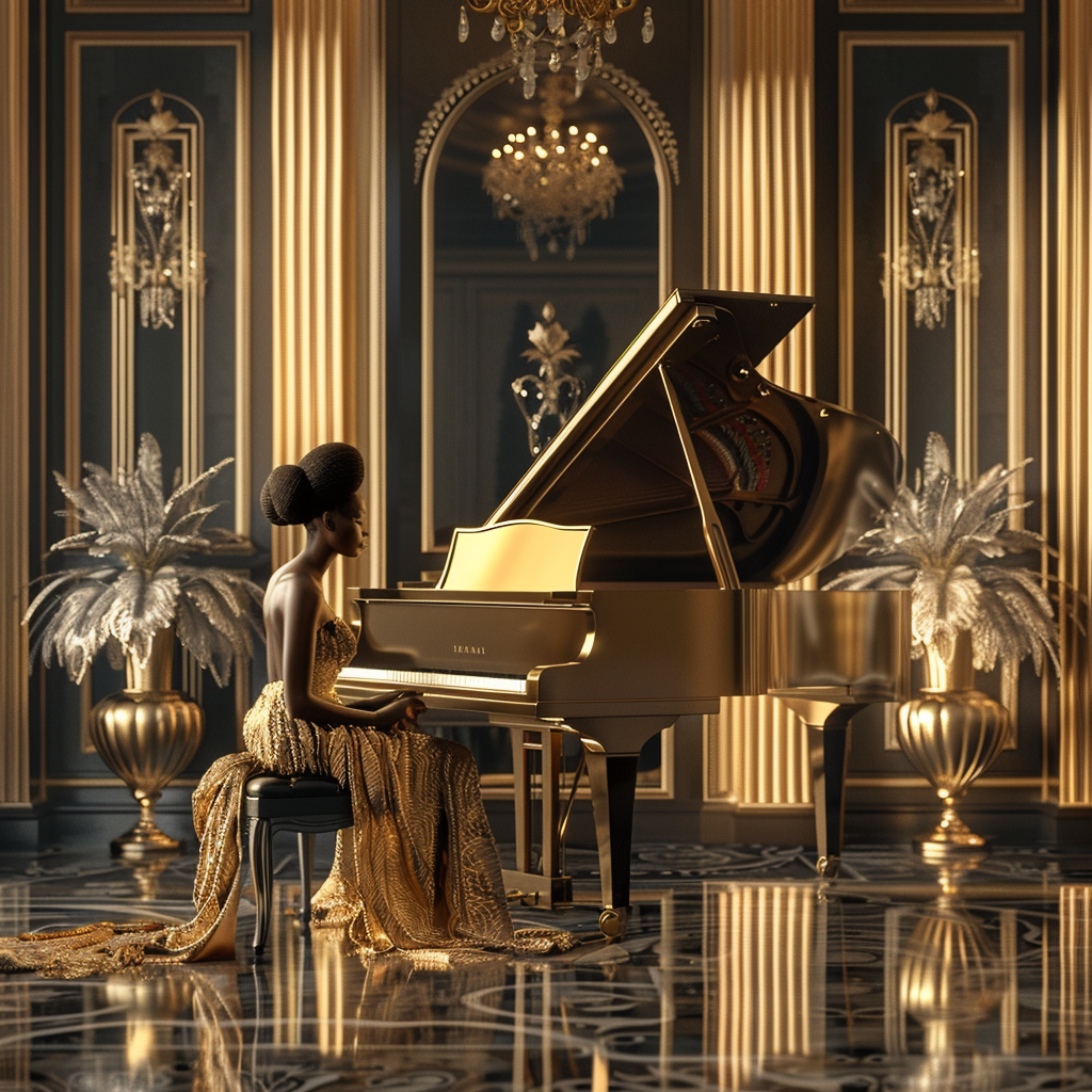 Elegant Black Woman Golden Piano