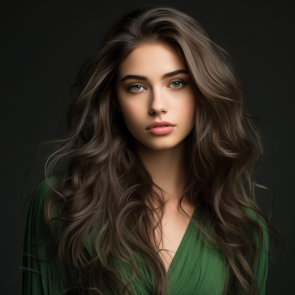 Young woman with elegant attire and green eyes