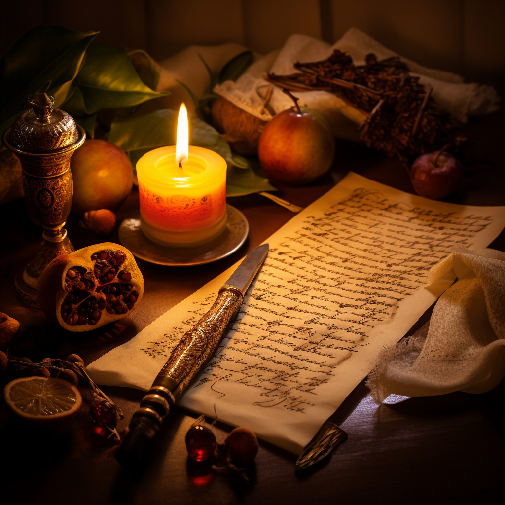 Elegant calligraphy, date palms, and fruits illuminated by candlelight