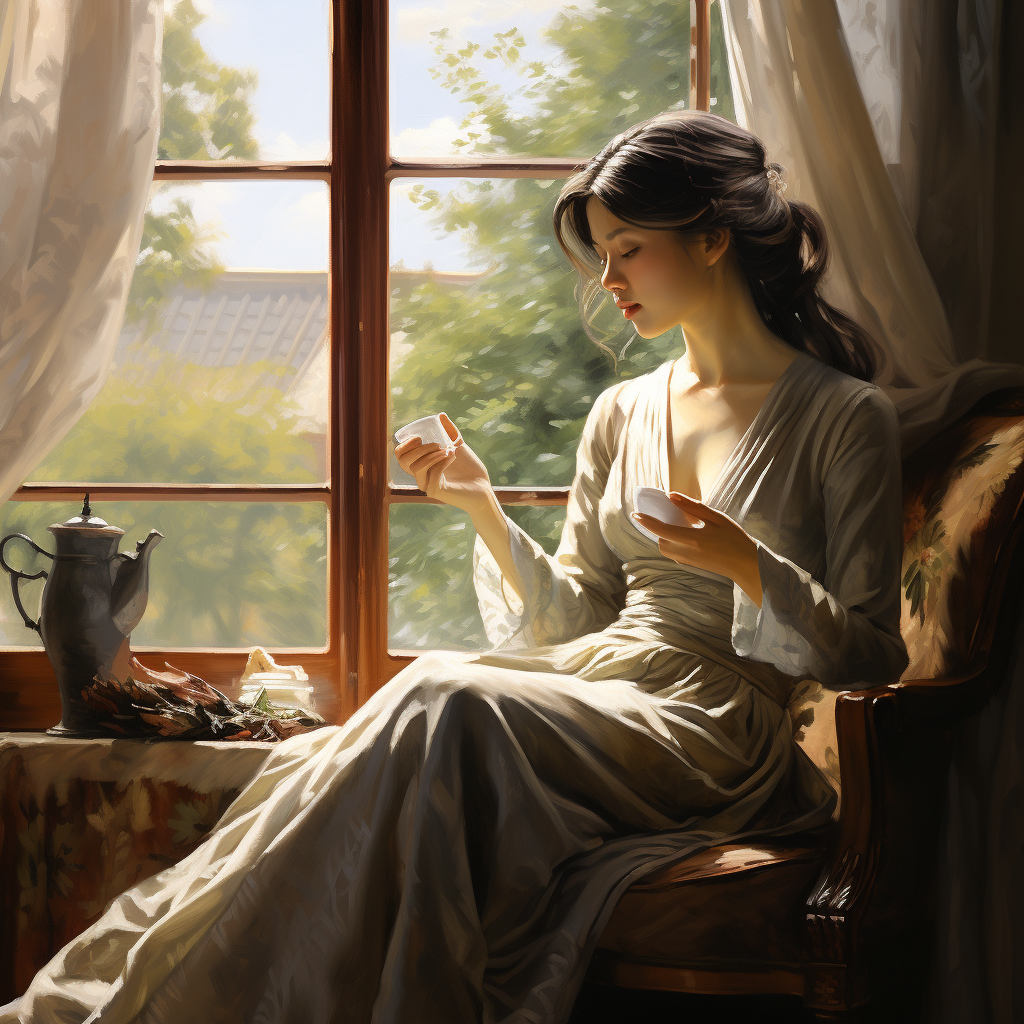 Chinese woman reading by window