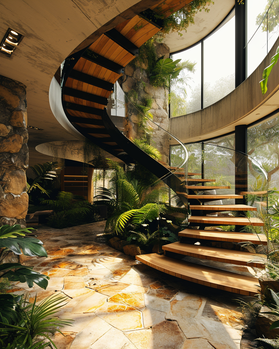 Elegant Circle Organic Staircase with Lush Plants