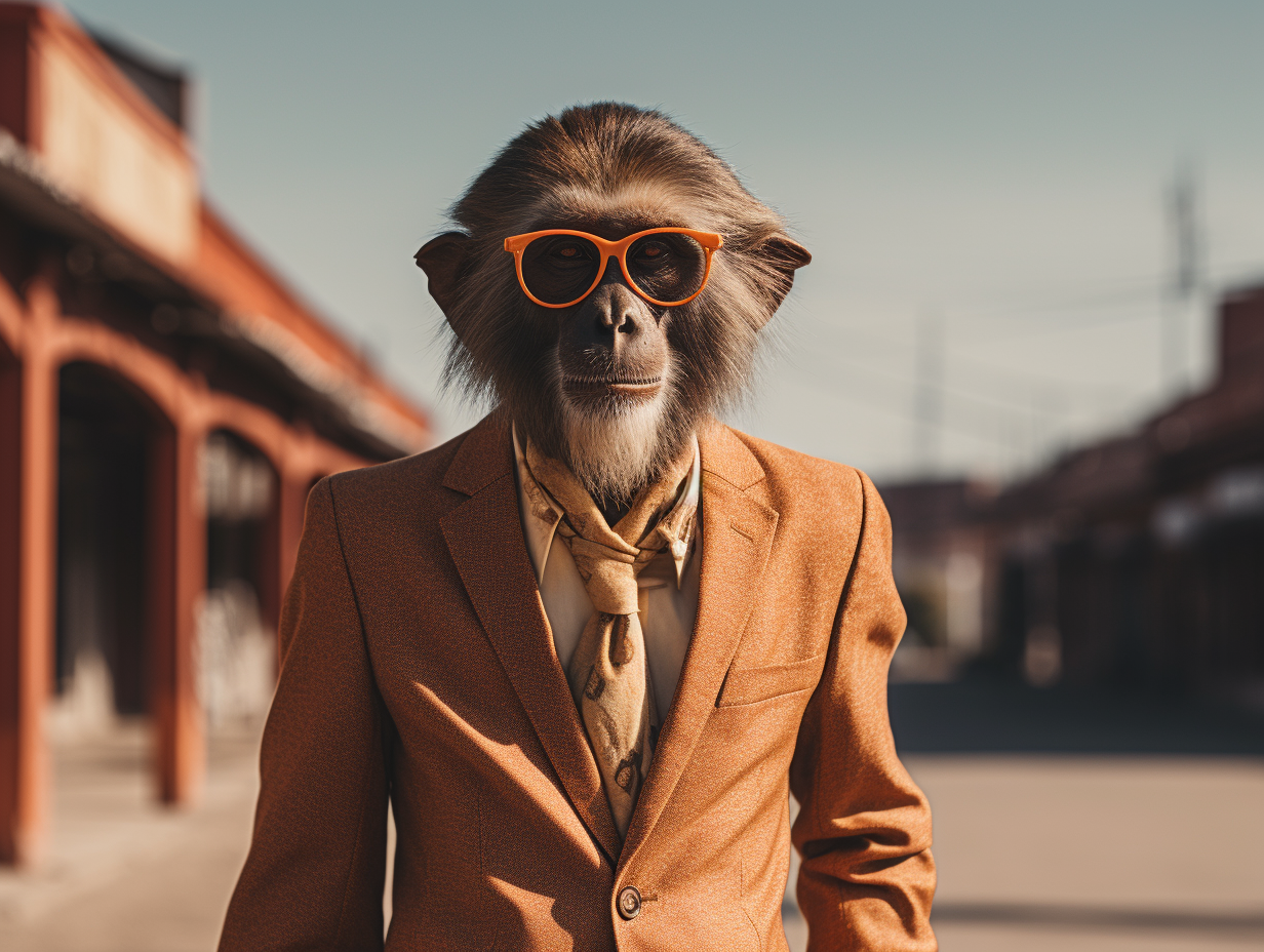 Monkey in elegant clothes on the street