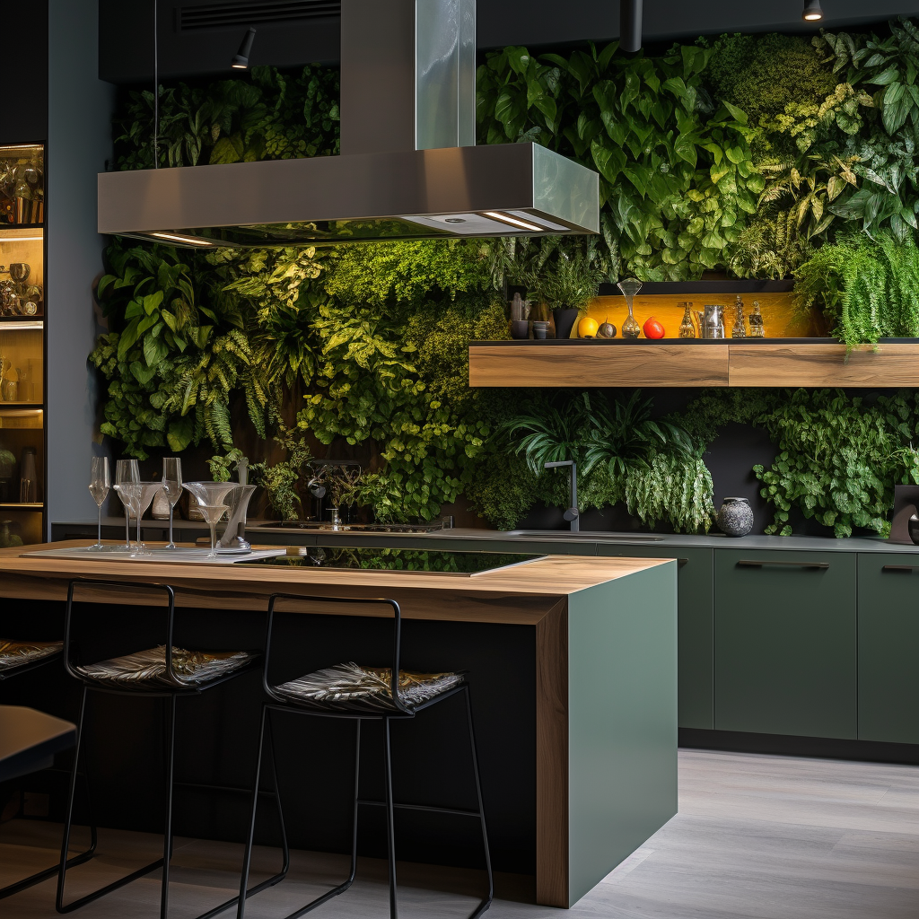 Elegant company kitchen with plant wall