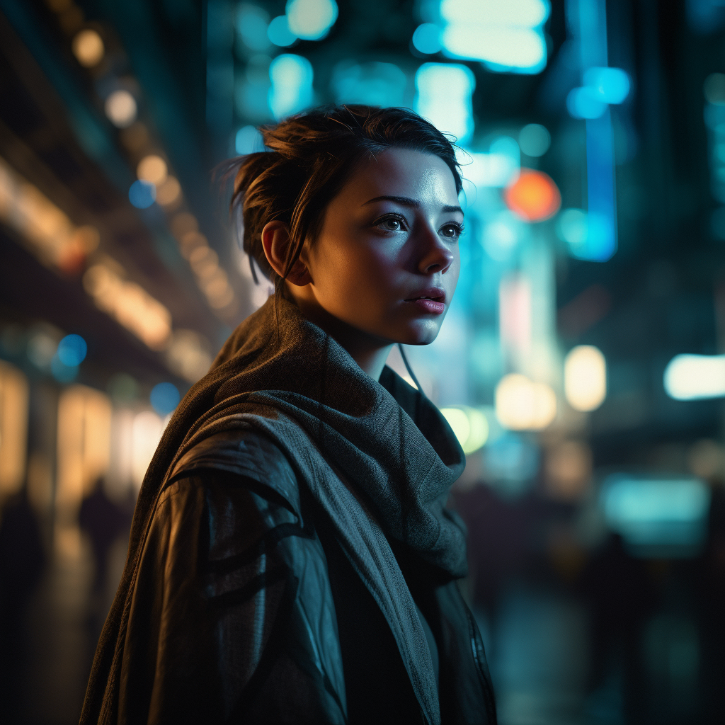 Beautiful woman in cyberpunk night cityscape