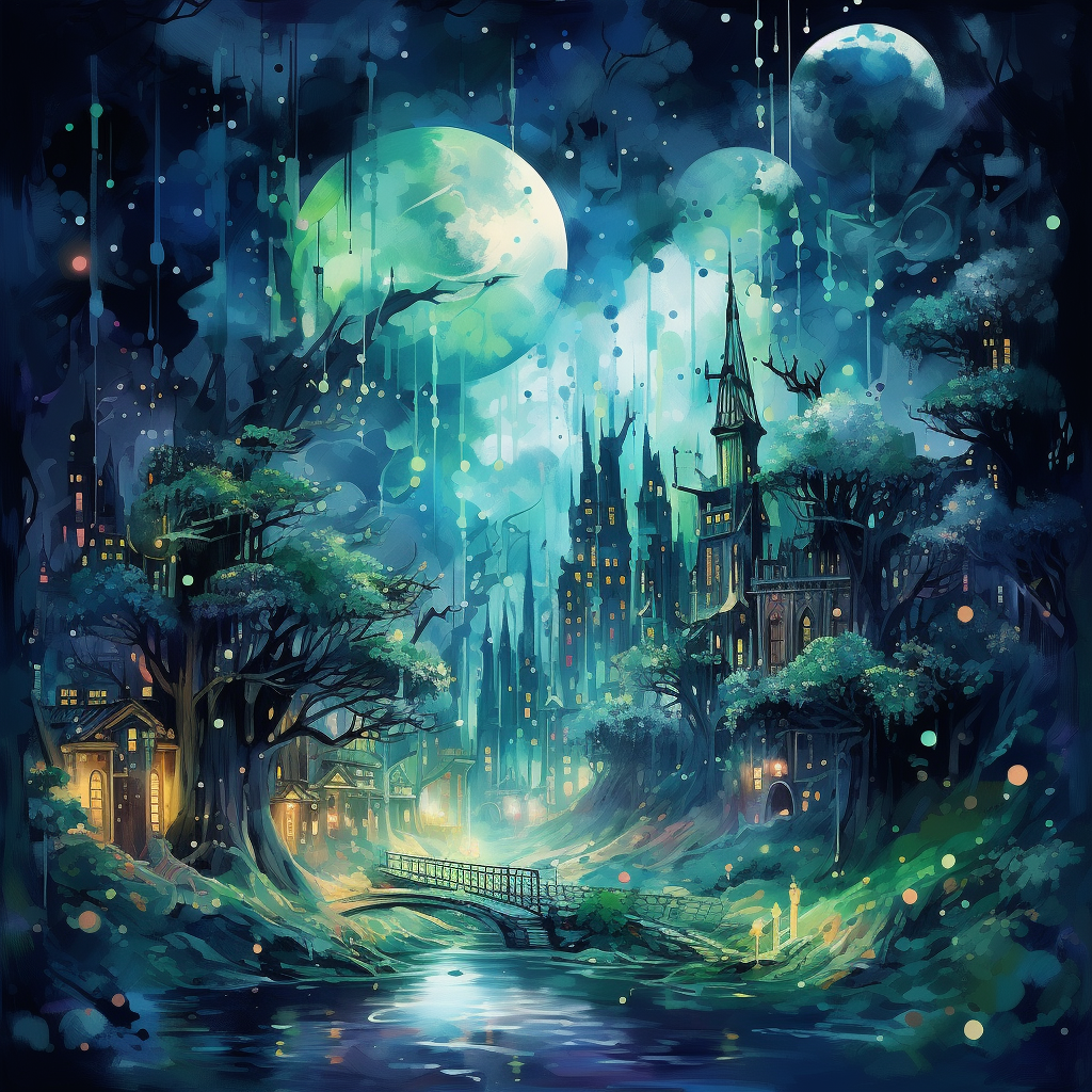 Elegant elves city in a forest at night