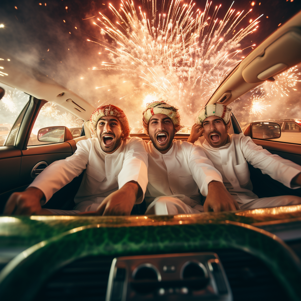 Emirati men celebrating in elegant cars with fireworks