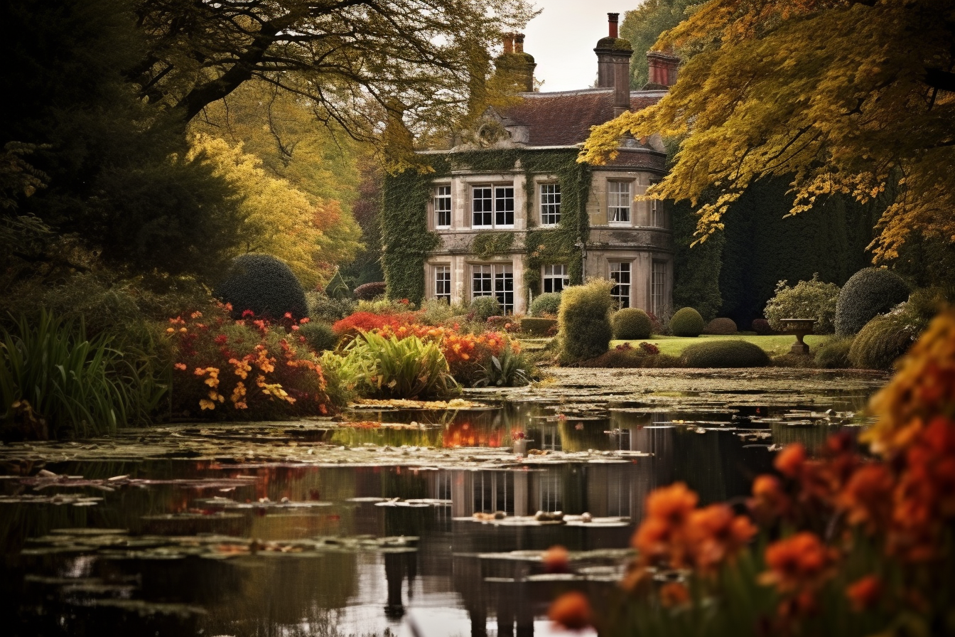 Antique English House with Pond Reflection