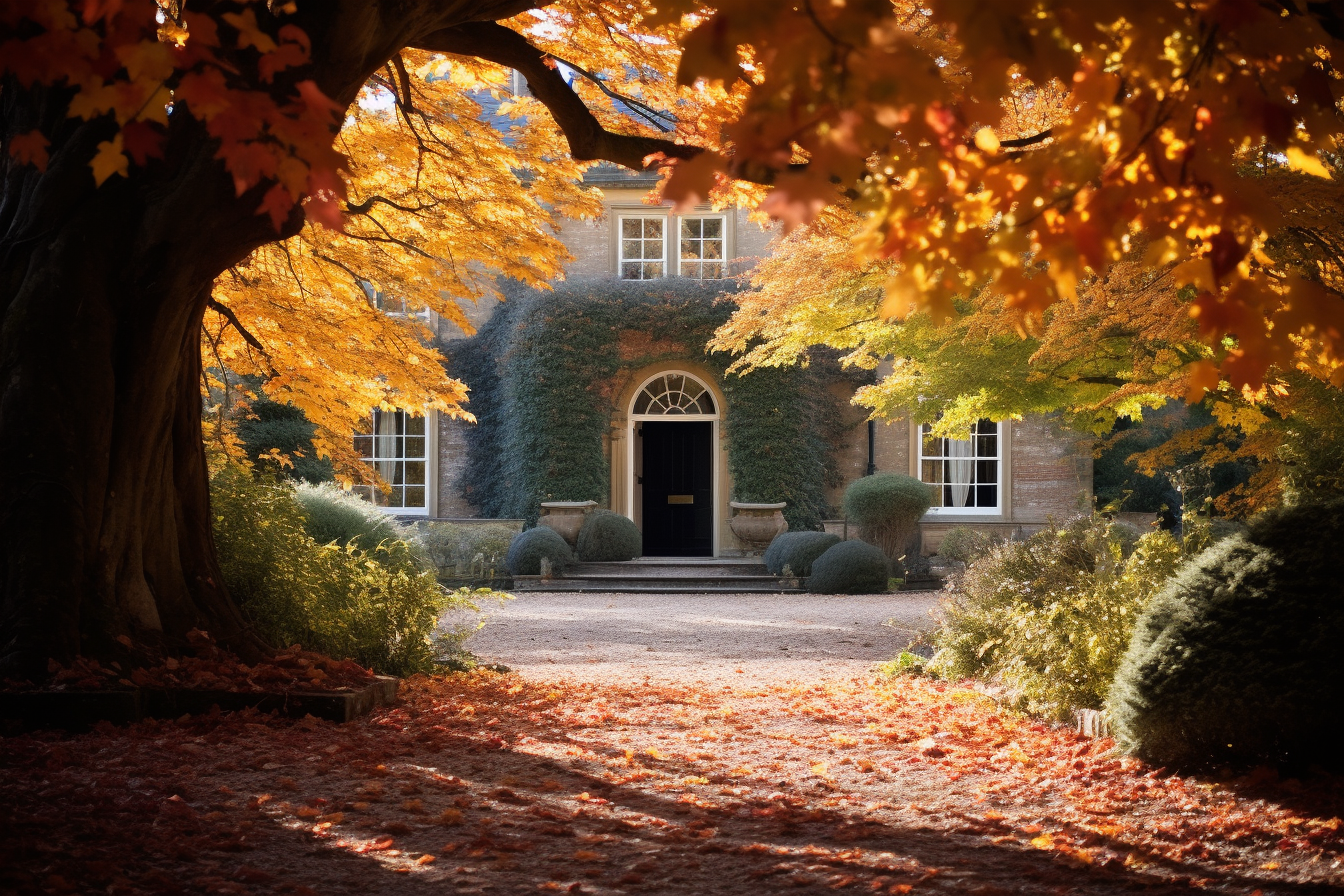 Elegant English Manor with Autumn Leaves