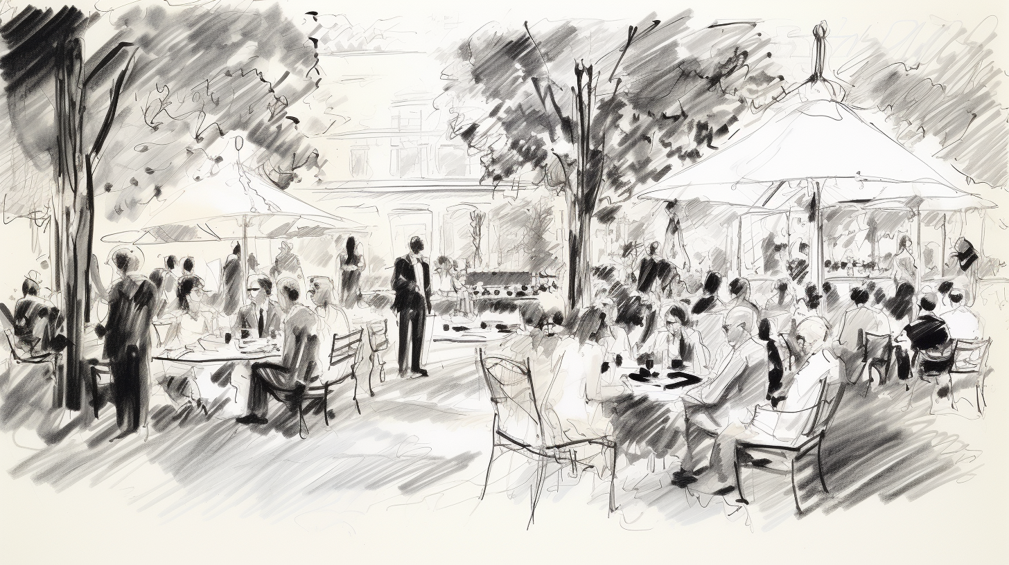 Scribbled sketch of an elegant garden party