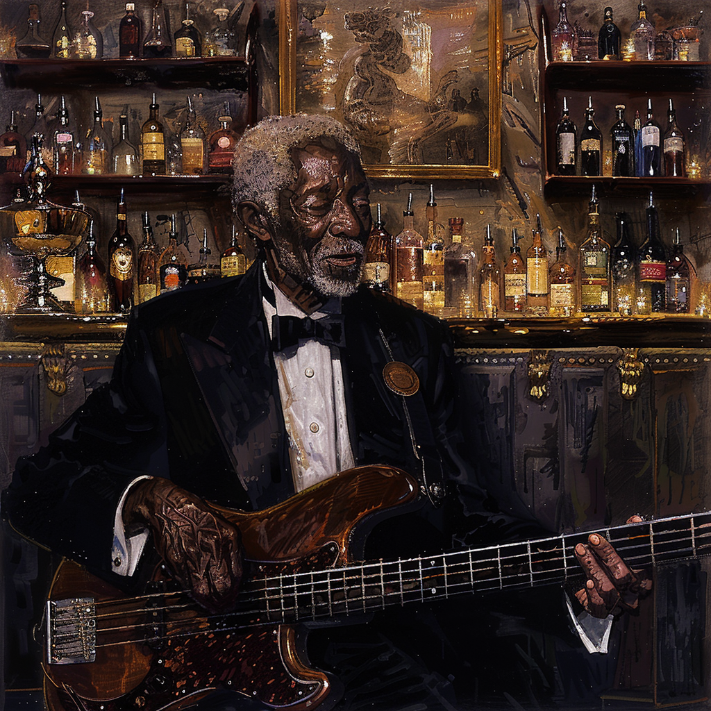 stylish black man bass guitar luxury setting