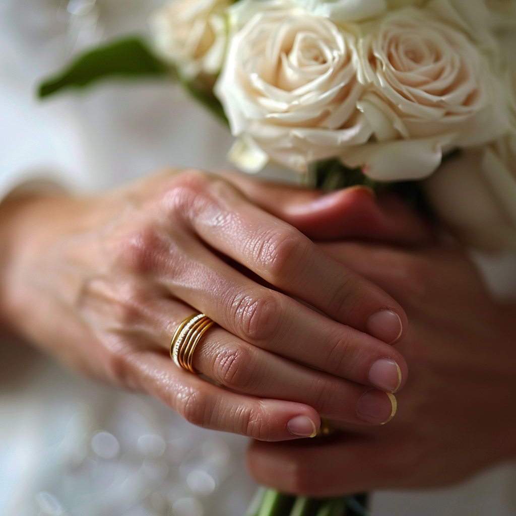 elegant gold wedding bands on wheat skin