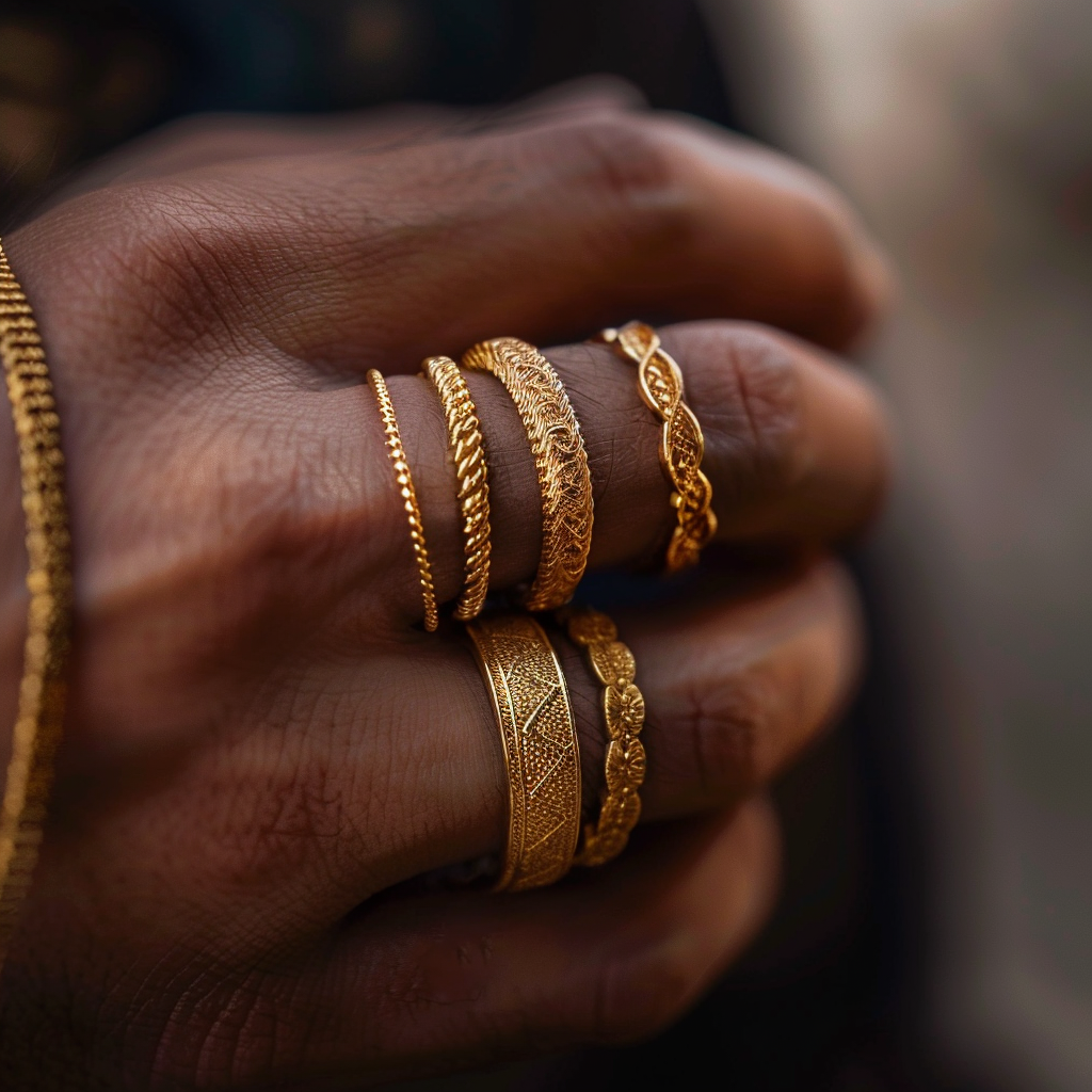 Hand displaying gold wedding bands