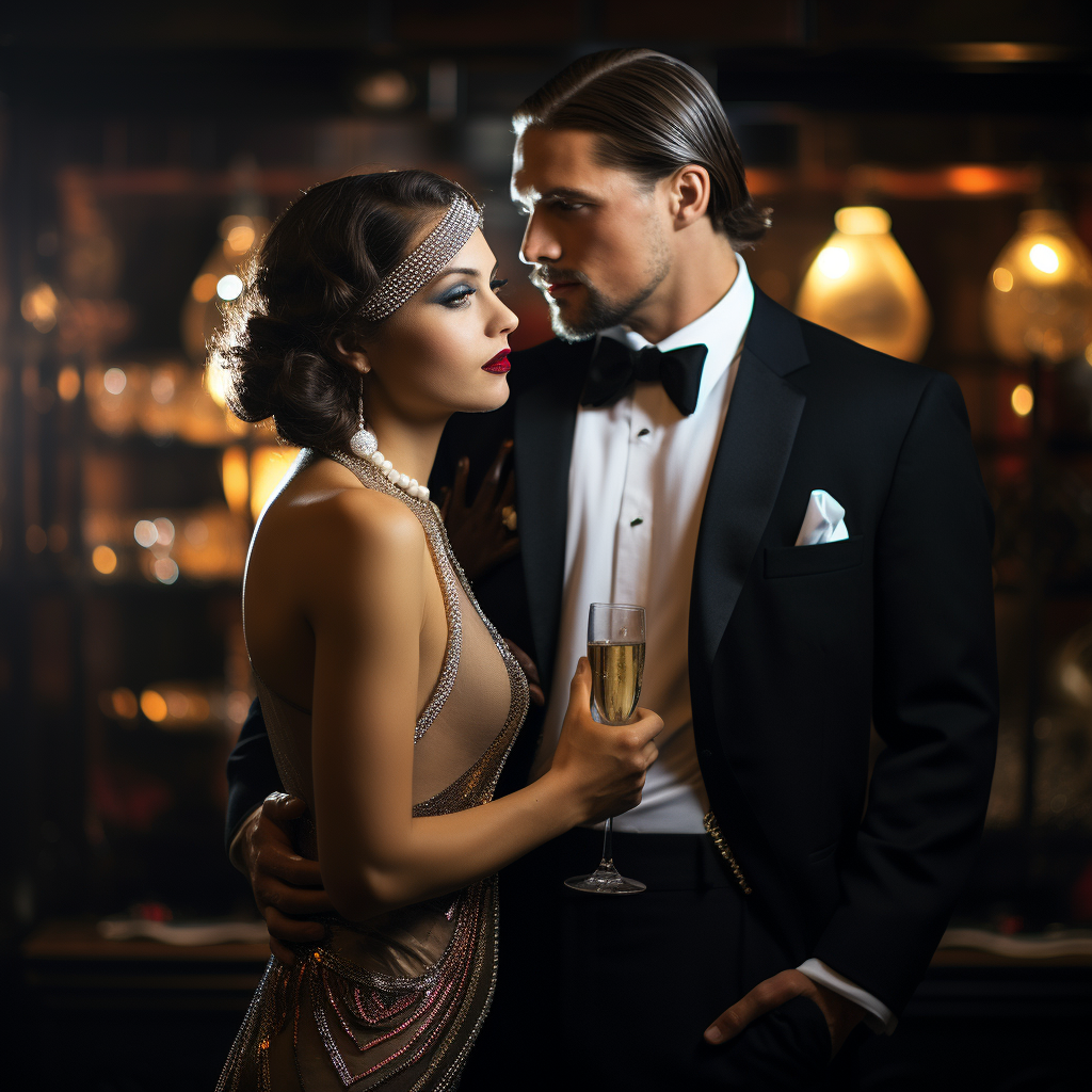 Elegant lady and handsome gentleman at Gatsby-themed party ?