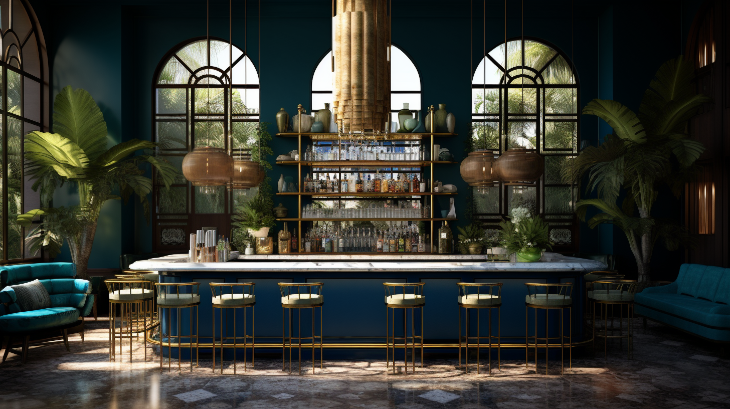 Elegant bar at luxury hotel with indigo blue and dark green decorations