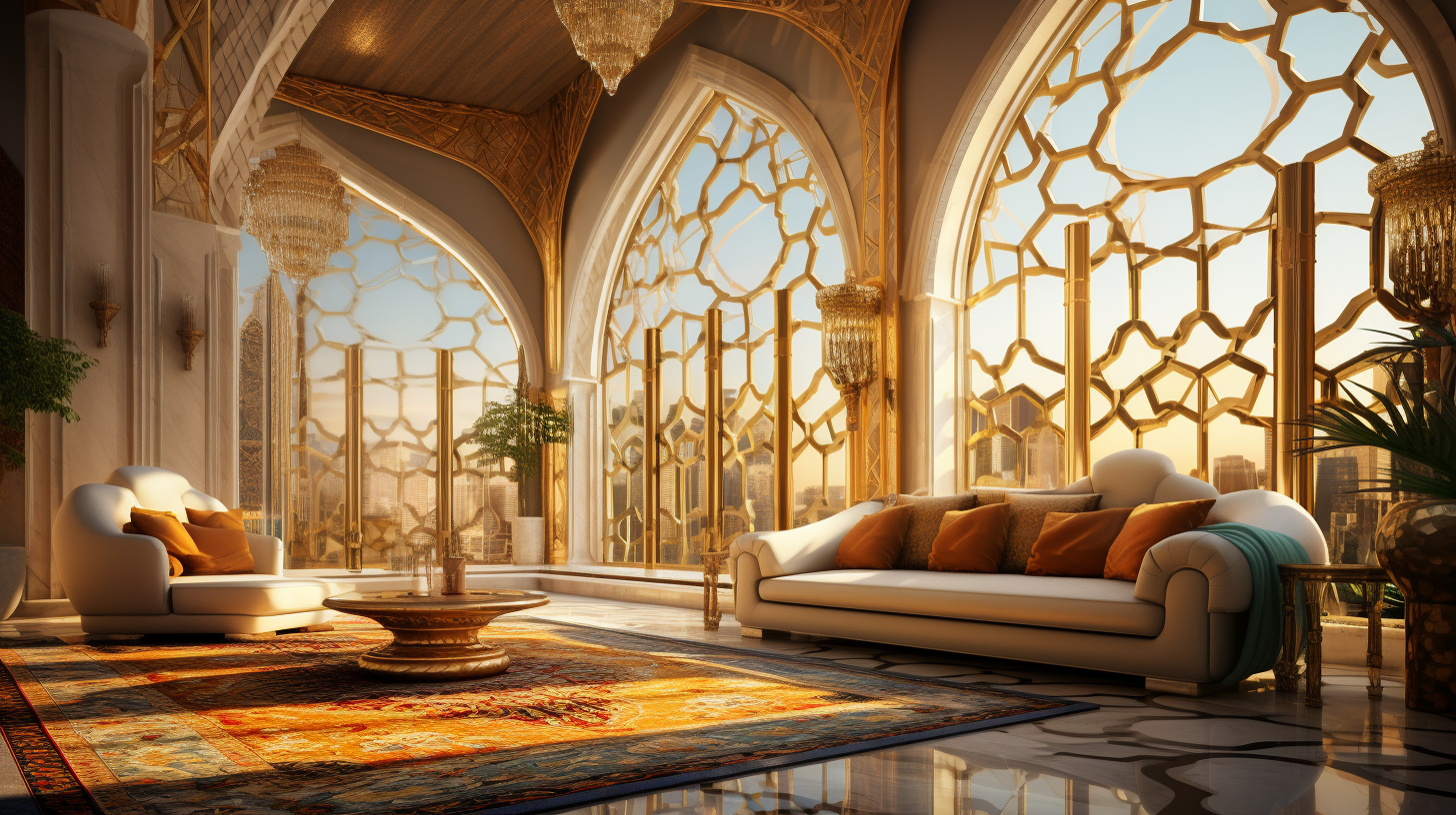 elegant living room with islamic futuristic design