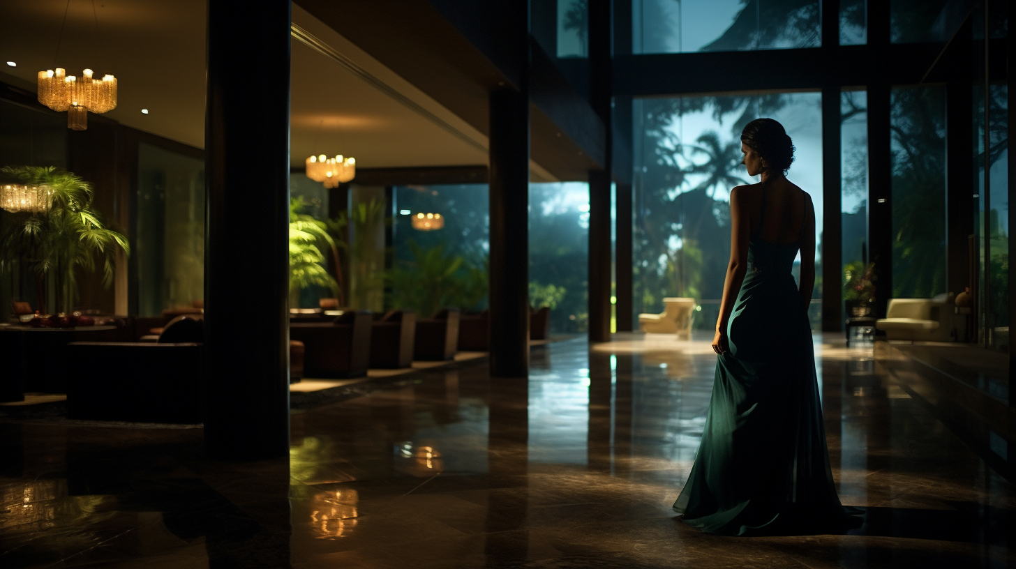 Photorealistic elegant hotel lobby with a beautiful woman