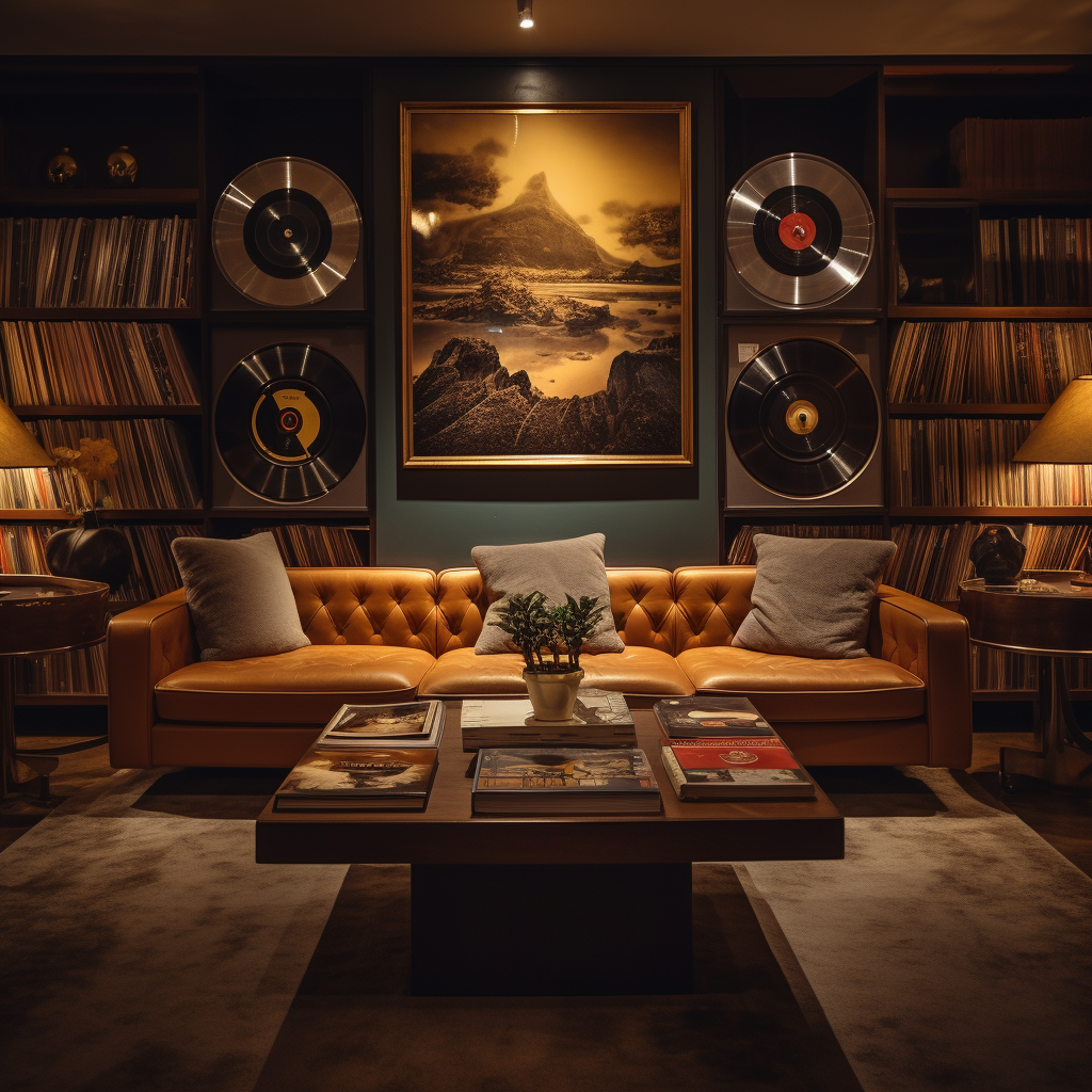 Friends enjoying vinyl records in elegant lounge