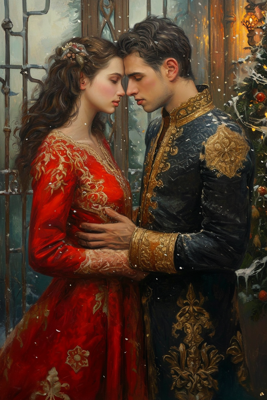 Elegant medieval couple in Christmas attire