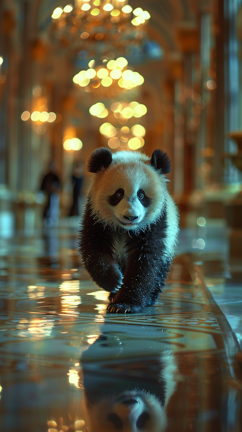 Panda in black tie fashion show