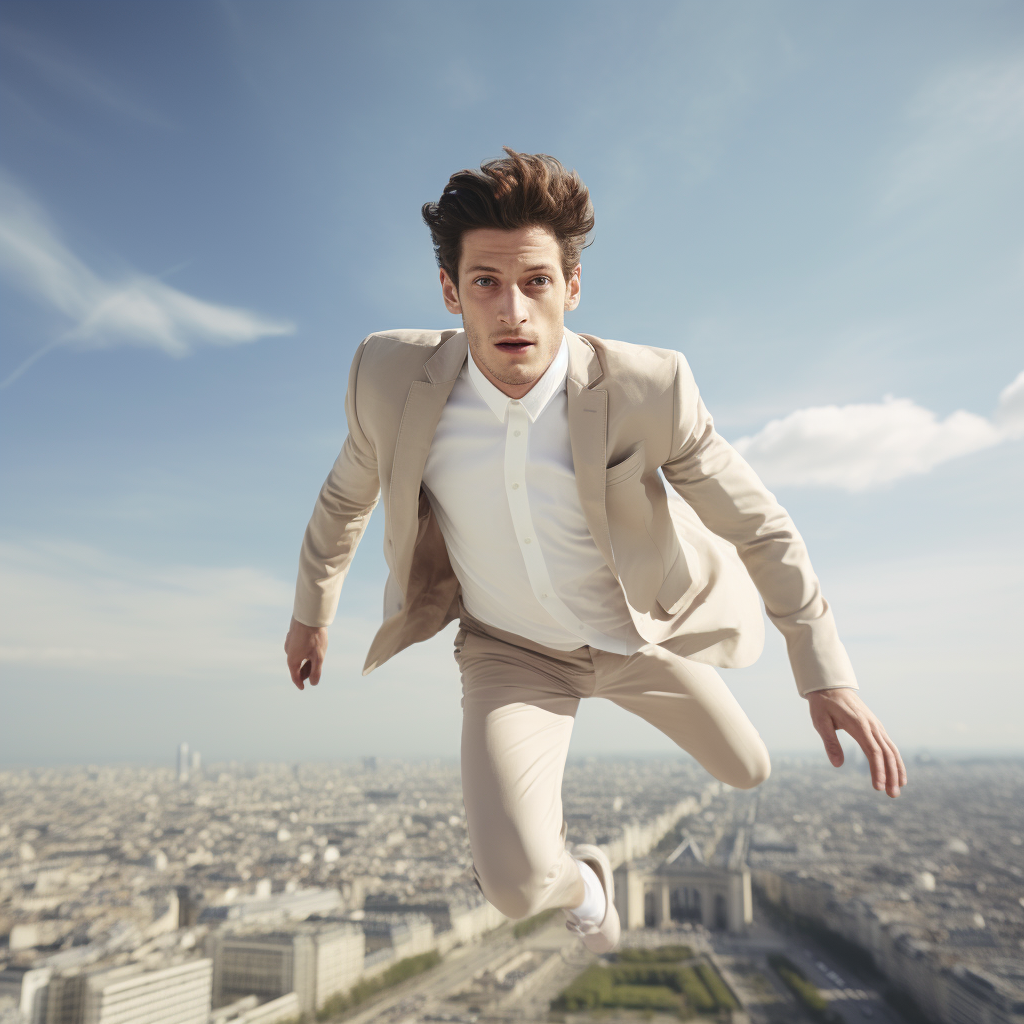 Pierre Niney flying in high-fashion Lacoste polo over Paris