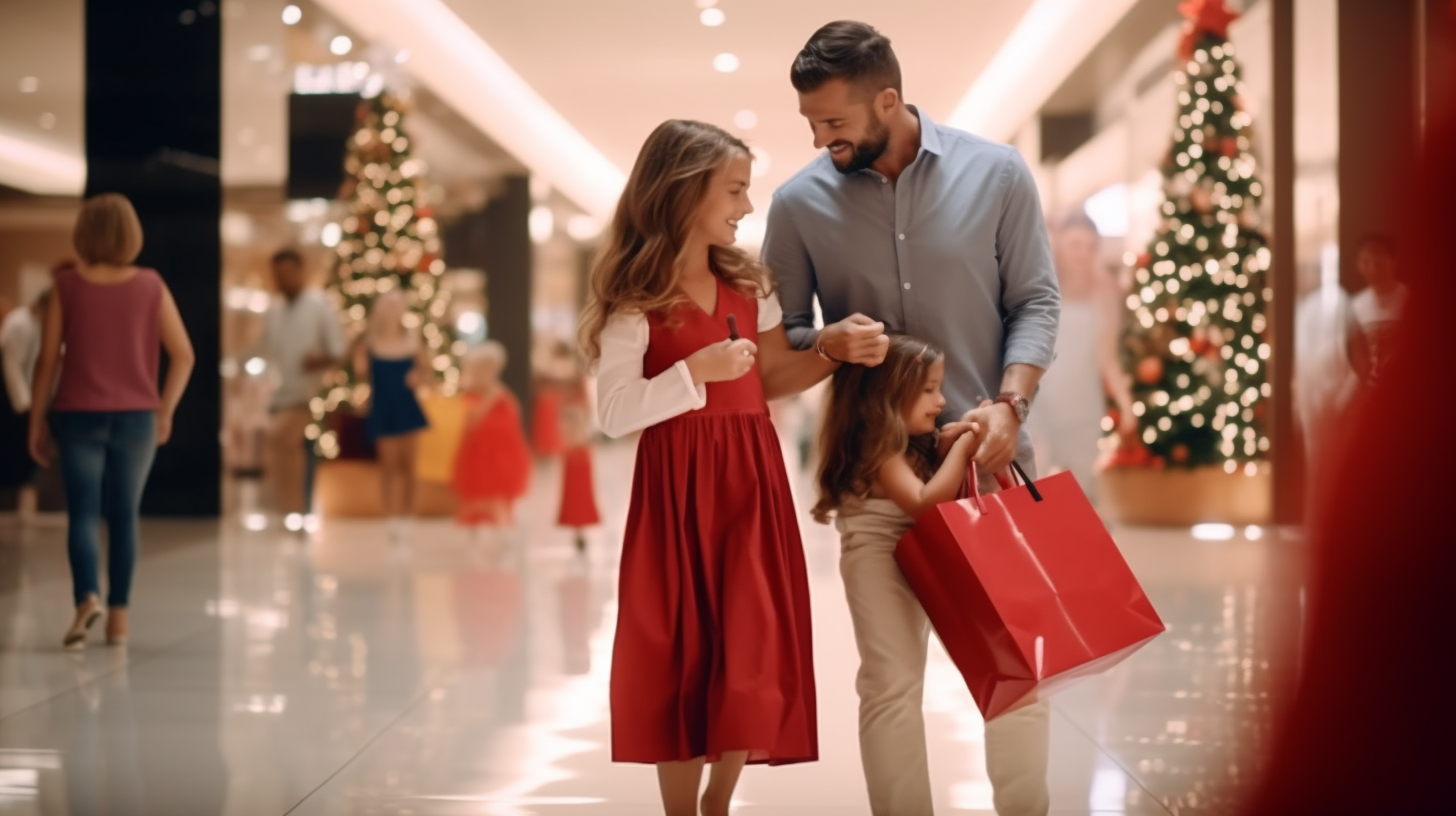 Woman in elegant red dress finds family