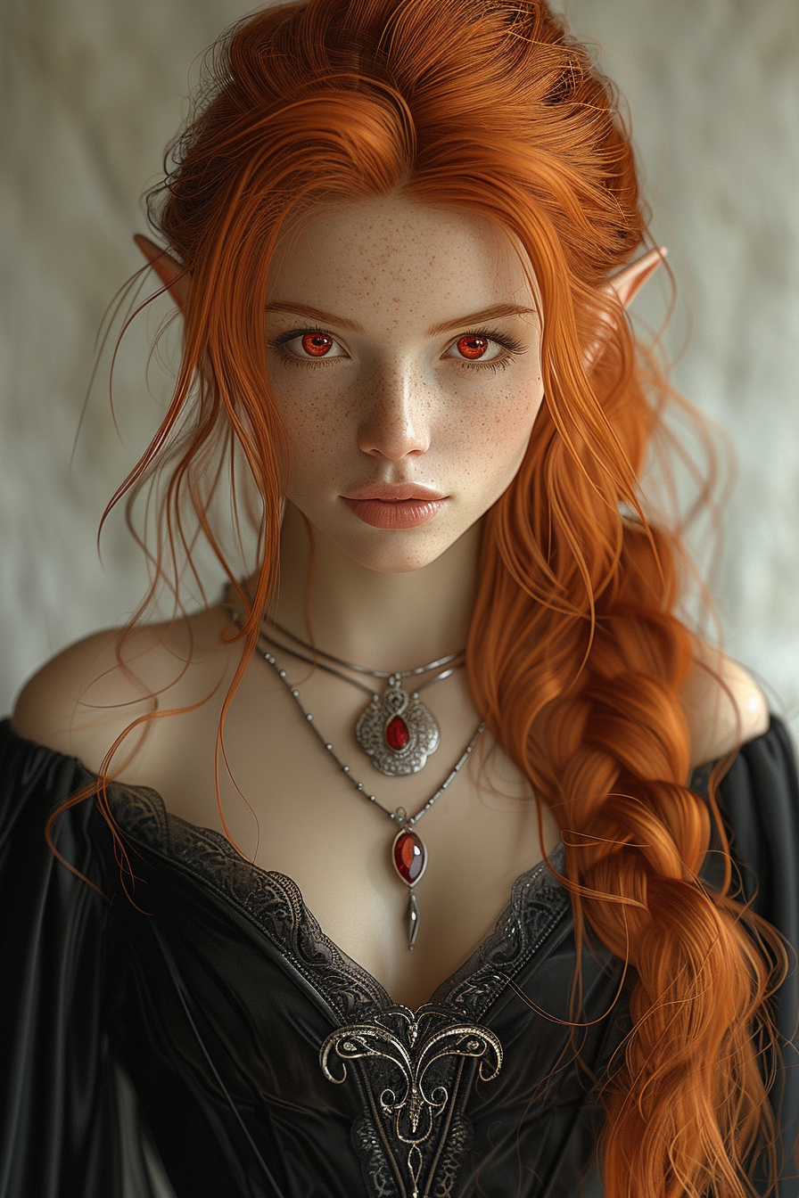 Red-Haired Elf in Black Satin Dress