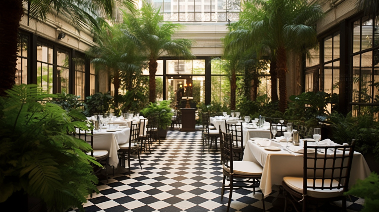 Elegant restaurant dining patio with lush greenery