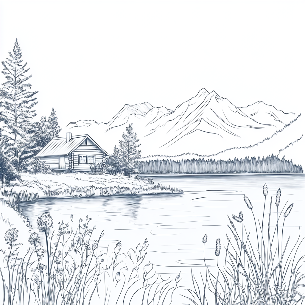 cabin lake mountains trees drawing