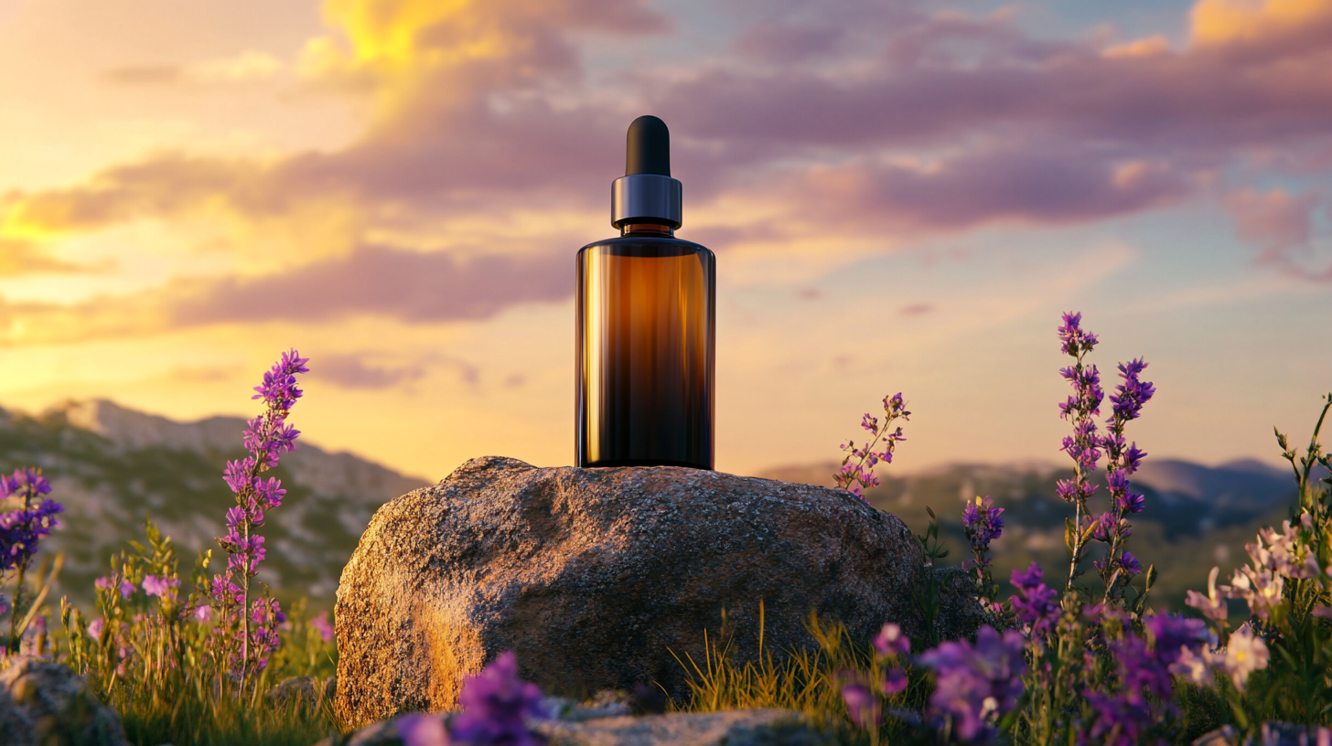 skincare bottle wildflowers sunset