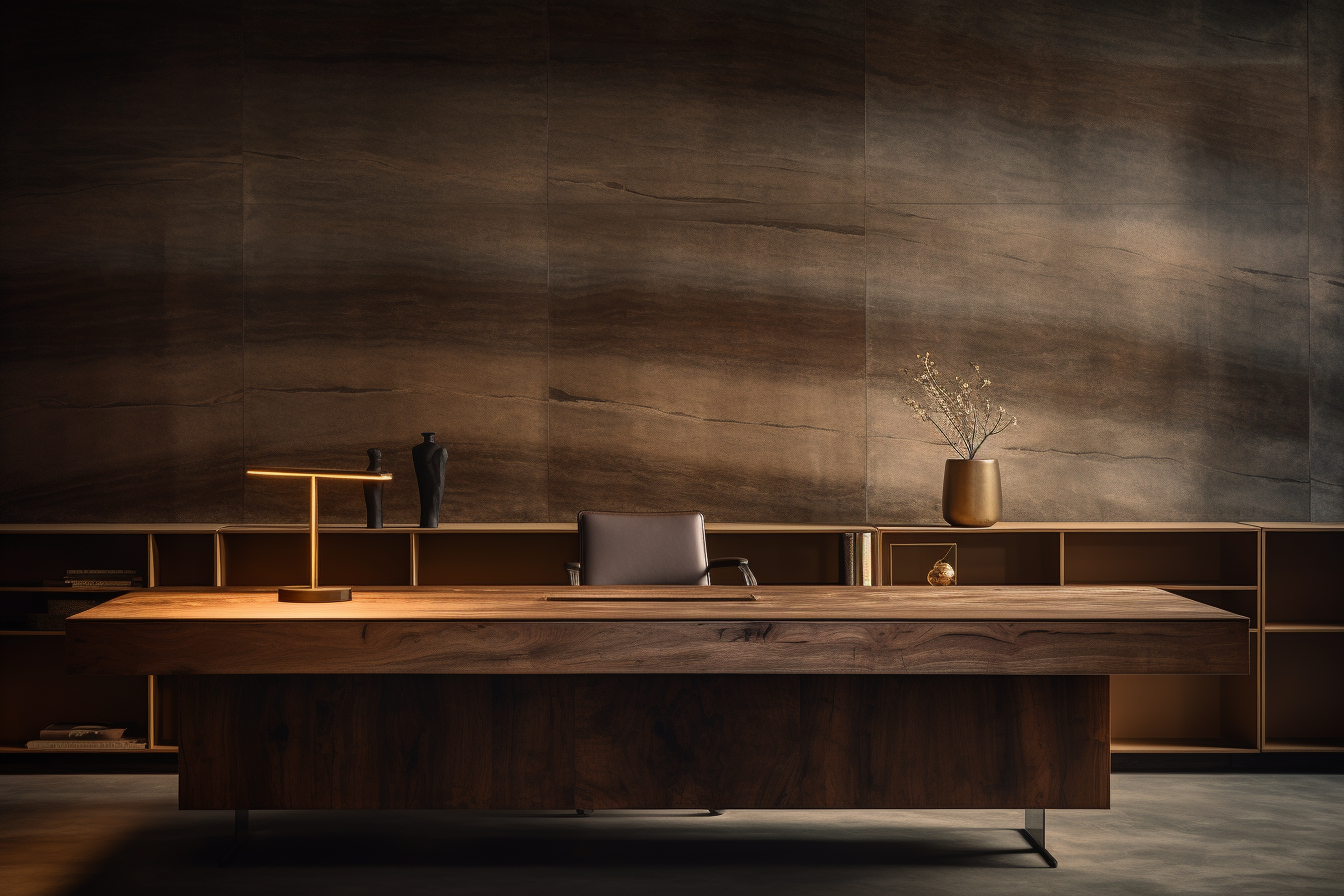 Elegant timber desk with cinematic lighting